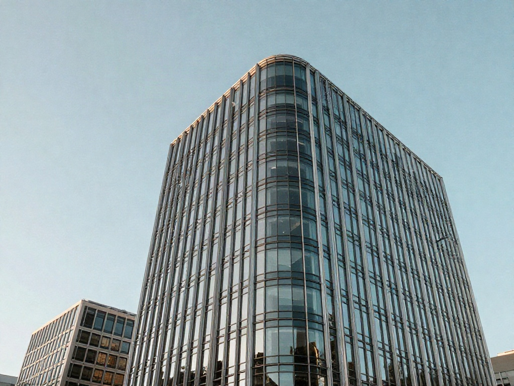 Upward perspective of a modern curved glass office tower against a clear sky